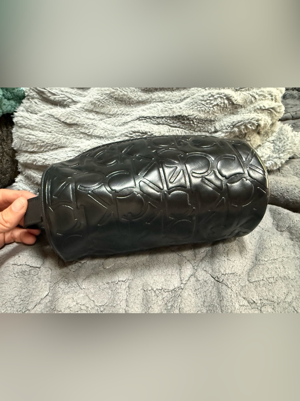 Calvin Klein/ Black Embossed Leather Cosmetic/toiletry Pouch (4x8”)
